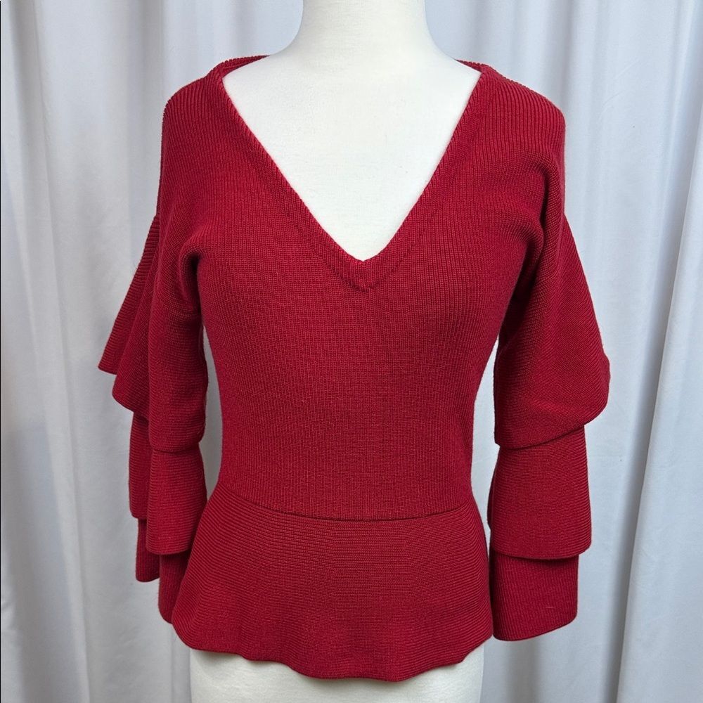 Boston Proper Red V-neck Sweater with tiered sleeves, Small